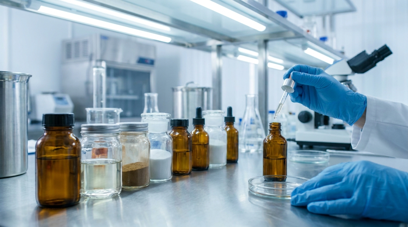 Three dog supplement containers arranged side by side on a lab bench for head-to-head comparison
